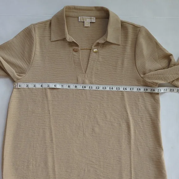 Michael Michael Kors Chain Accent Collared V-Neck Long Sleeve Blouse LARGE Tan - Picture 13 of 16